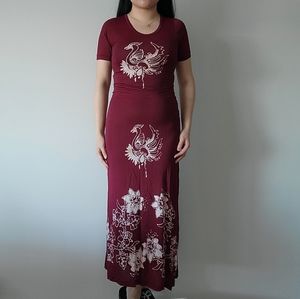 Vintage fitted knit maxi t-shirt dress bird phoenix print size XS Small maroon
